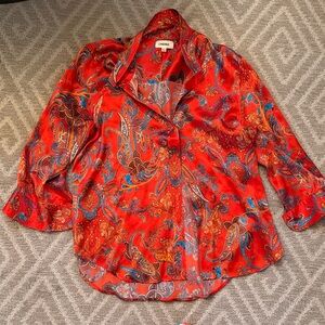 L'AGENCE Red Paisley Satin Blend Button-Down Shirt